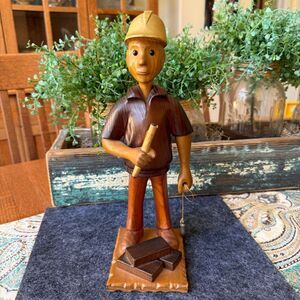 Mid Century Italian Carved Wood Mason Figure 12 Inch 1960s